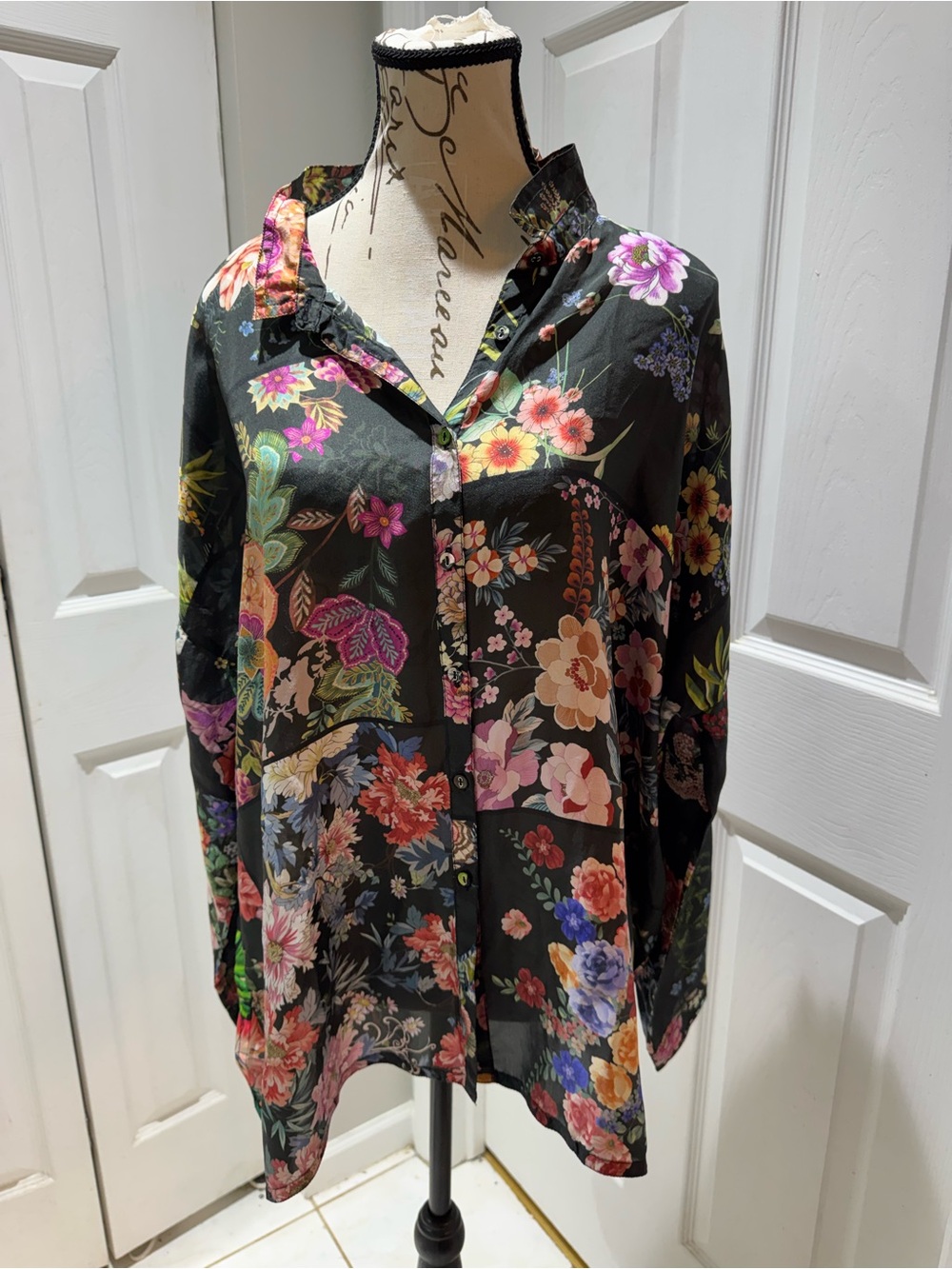Johnny Was Black Floral Button-Front Blouse with Multicolor Blooms